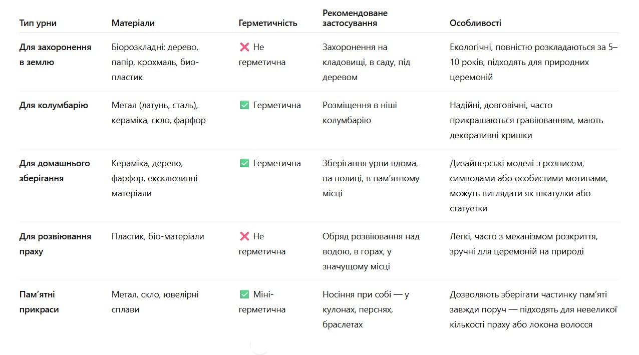 Порівняльна таблиця урн для праху